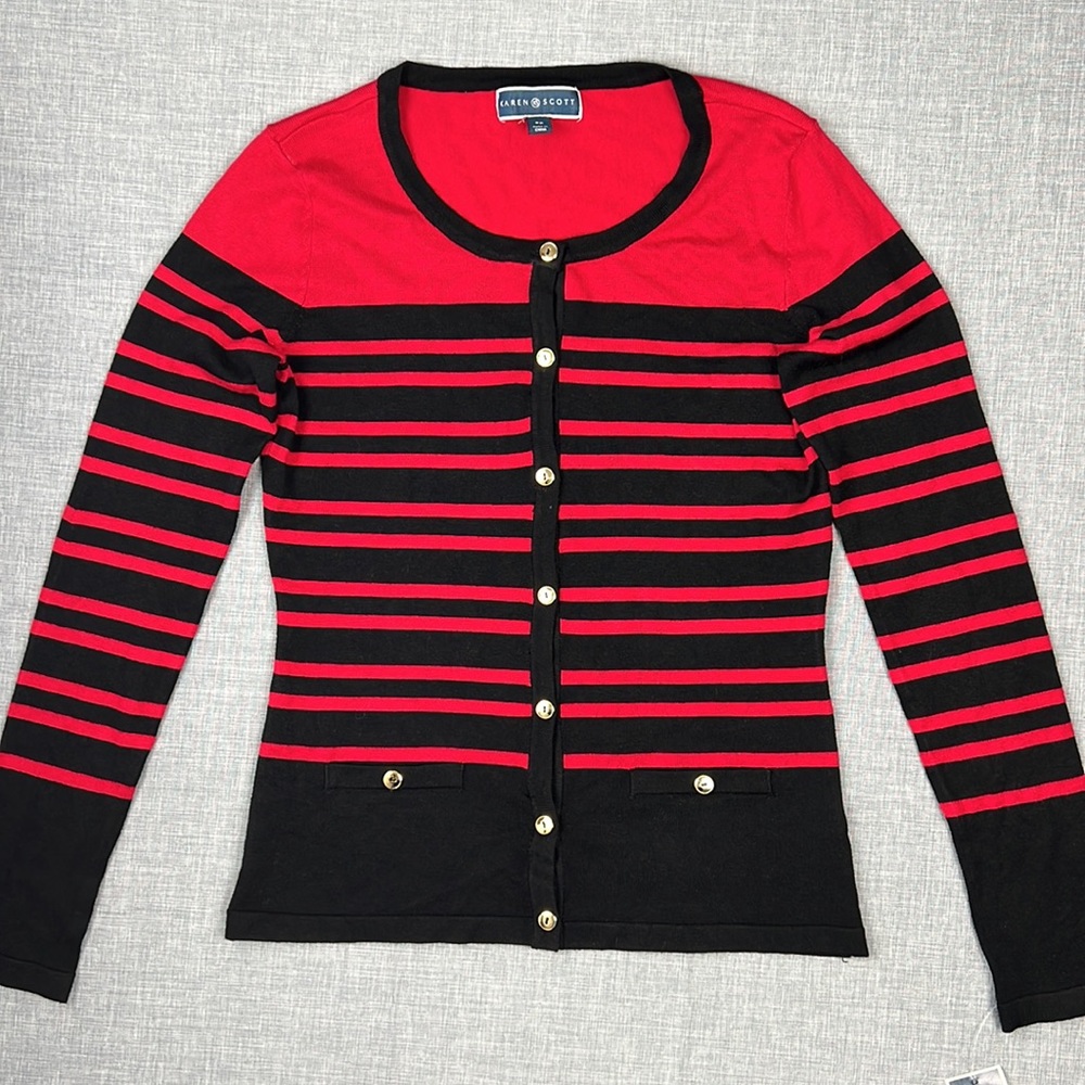 Red & Black Stripe Button Cardigan Sweater Size Petite XS - Picture 2 of 5